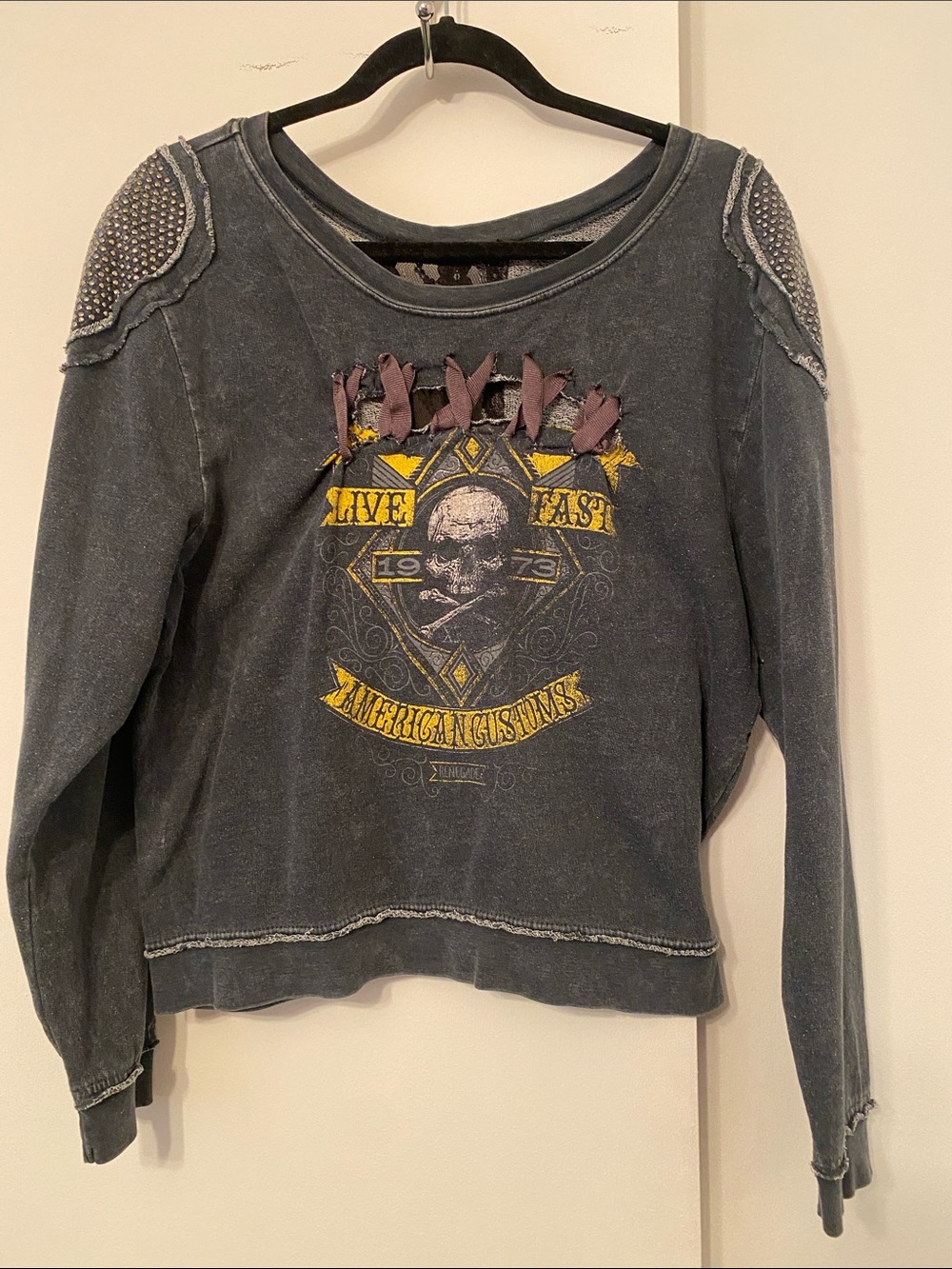 Skull Graphic Fringe Sweatshirt in Charcoal with Yellow Accent